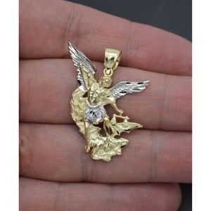 Real 10K Solid Yellow-White Gold Saint San Michael Miguel Charm Pendant 2.7gr